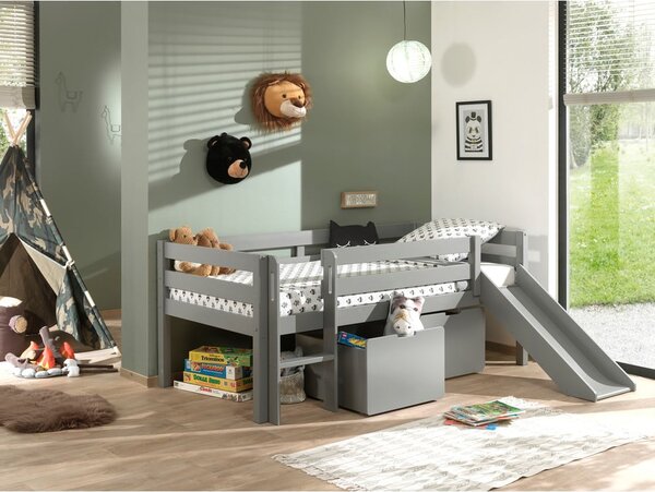 Pino szürke magasított gyerekágy csúszdával, 90 x 200 cm - Vipack