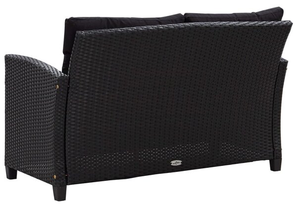 Fekete polyrattan kétszemélyes kerti kanapé párnákkal 124 cm
