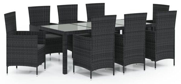 9 részes fekete polyrattan kültéri étkezőszett párnákkal
