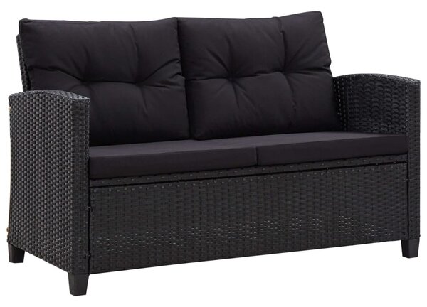 Fekete polyrattan kétszemélyes kerti kanapé párnákkal 124 cm