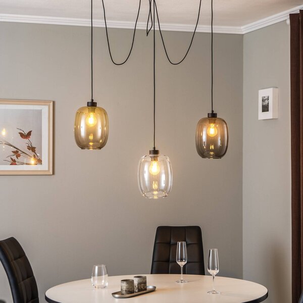 TK Lighting Elio függőlámpa, üveg, barna/tiszta/szürke, 3 lámpás, decentralizált, dimmelhető, Tiszta / átlátszó, Nappali / Étkező, Üveg, Modern