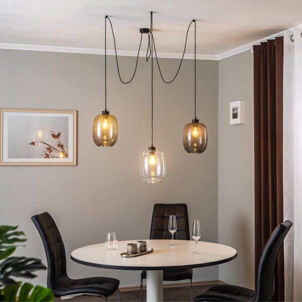 TK Lighting Elio függőlámpa, üveg, barna/tiszta/szürke, 3 lámpás, decentralizált, dimmelhető, Tiszta / átlátszó, Nappali / Étkező, Üveg, Modern