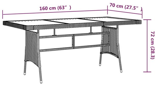 Szürke polyrattan és tömör akácfa kerti asztal 160 x 70 x 72 cm