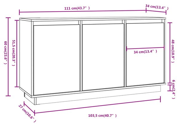 Tömör fenyőfa tálalószekrény 111 x 34 x 60 cm