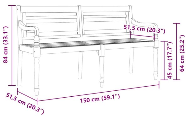 Tömör tíkfa Batavia pad bordó párnával 150 cm