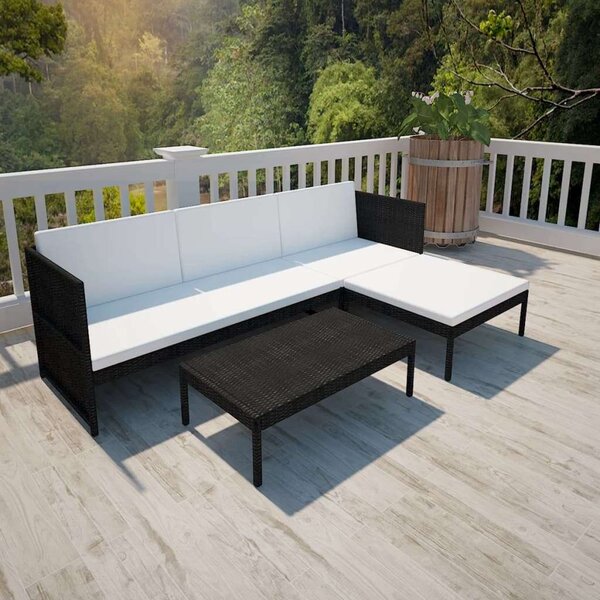 VidaXL 3-részes fekete polyrattan kerti bútorszett párnákkal