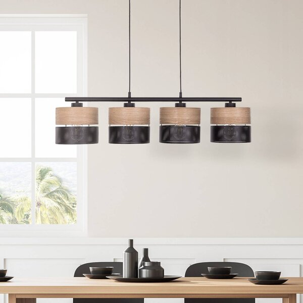 TK Lighting Nicol függőlámpa, fekete/fahatású, 94x20 cm 4 lámpás x E27, dimmelhető, Világos fa, Nappali / Étkező, Modern