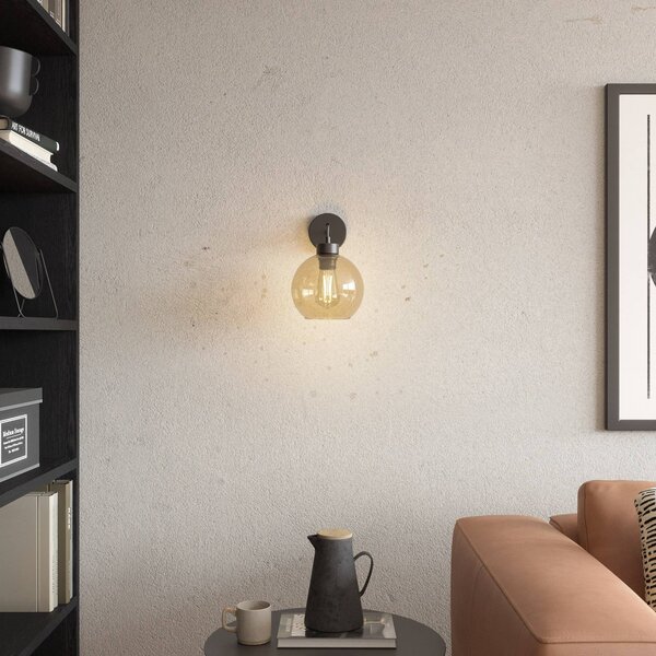 TK Lighting Cubus fali világítás, fekete/borostyán, üveg, Ø 18 cm, E27, dimmelhető, Tiszta / átlátszó, Nappali / Étkező, Üveg, Modern
