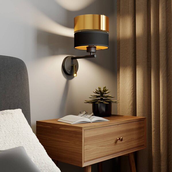 TK Lighting Hilton fali világítás fekete/arany LED olvasólámpával, Fekete, Nappali / Étkező, fém, Modern