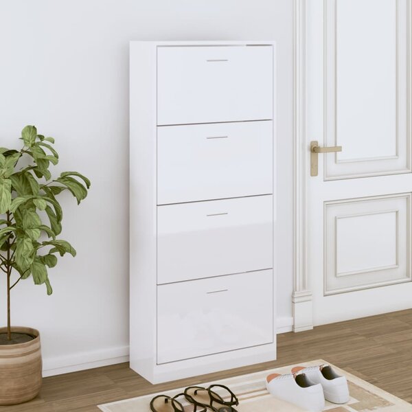 Magasfényű fehér szerelt fa cipőszekrény 63x24x147 cm