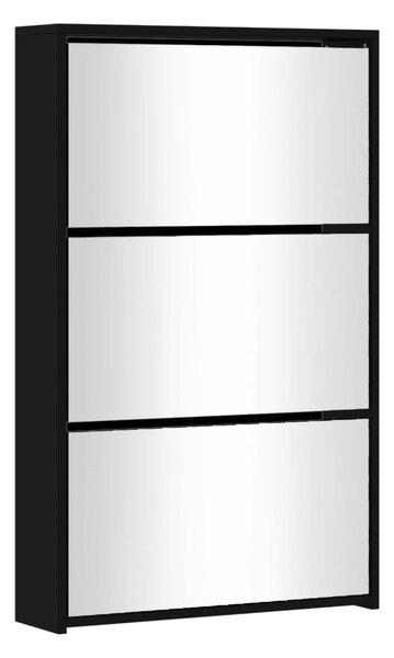 Fekete cipősszekrény tükörrel, 3 rétegű, 63 x 17 x 102,5 cm