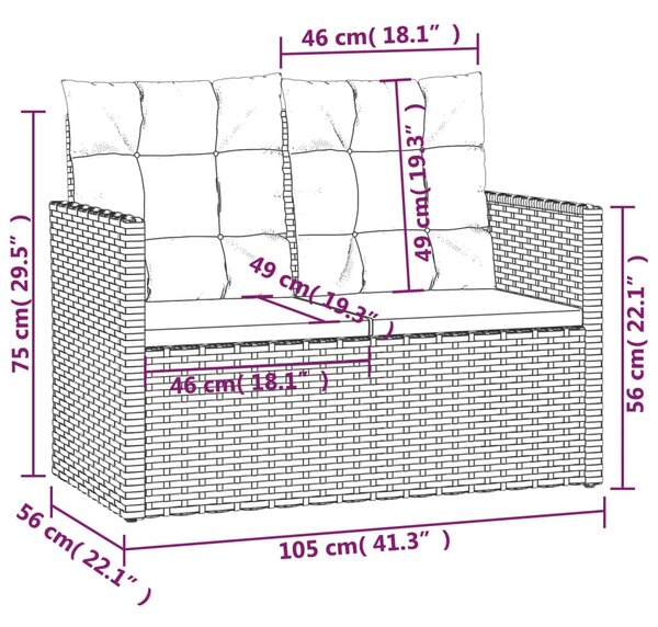 Fekete polyrattan kerti pad párnákkal 105 cm