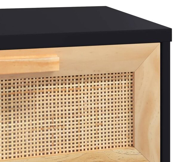 Fekete tömör fenyő és természetes rattan tálaló 80x30x75 cm