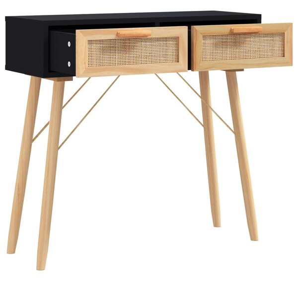 Fekete tömör fenyő és természetes rattan tálaló 80x30x75 cm