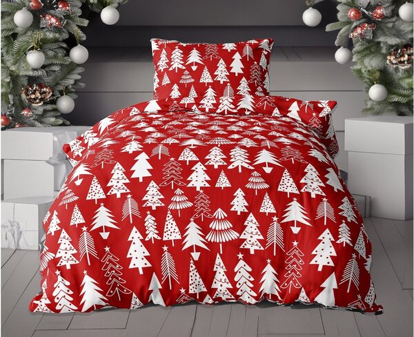 KARÁCSONYFÁK piros flanel ágynemű + SOFT sötétszürke mikroplüss lepedő 90x200 cm