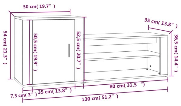 Szürke sonoma színű szerelt fa cipősszekrény 130 x 35 x 54 cm