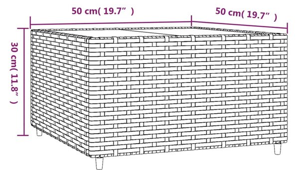Barna polyrattan négyzet alakú kerti dohányzóasztal 50x50x30 cm
