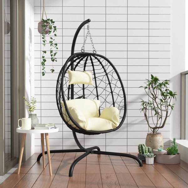 Krémfehér polyrattan és acél függő kagylószék párnával