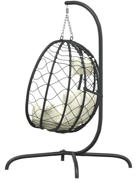 Krémfehér polyrattan és acél függő kagylószék párnával