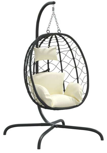 Krémfehér polyrattan és acél függő kagylószék párnával