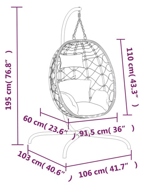 Krémfehér polyrattan és acél függő kagylószék párnával