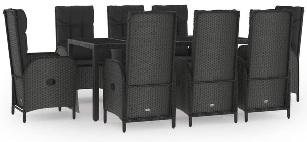 9 részes fekete és szürke polyrattan kerti étkezőszett párnával