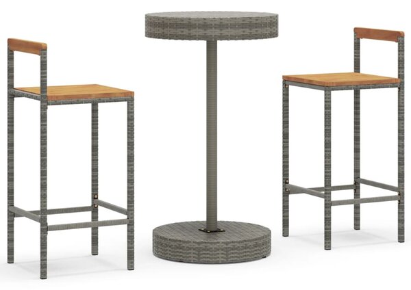 3 részes szürke polyrattan és tömör akácfa kerti bárszett