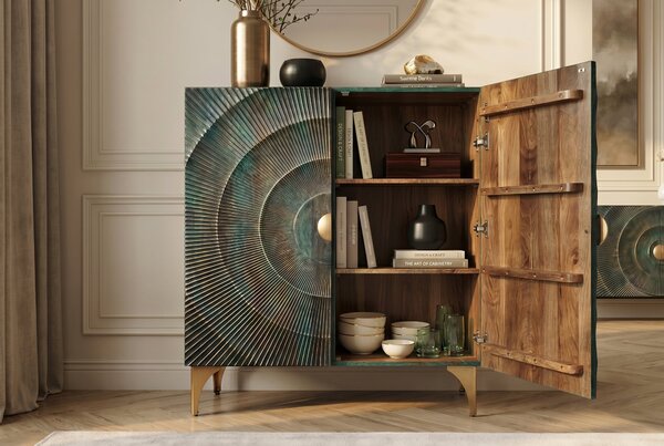 GOLDEN SUNNYSET 3D Komód tömör mangófából, lakkozott türkiz, 120 cm