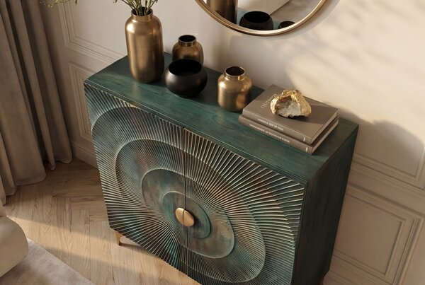 GOLDEN SUNNYSET 3D Komód tömör mangófából, lakkozott türkiz, 120 cm