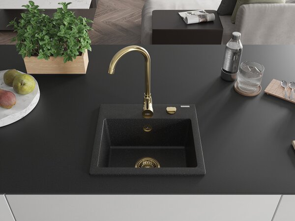 Mexen Milo, gránit mosogató 435x410x171 mm, 1 kamrás, fekete-ezüst metál arany szifonnal, 6505441000-73-G