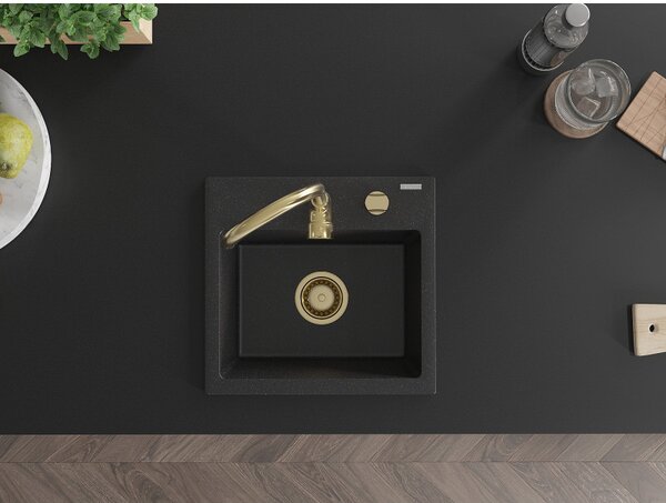 Mexen Milo, gránit mosogató 435x410x171 mm, 1 kamrás, fekete-ezüst metál arany szifonnal, 6505441000-73-G