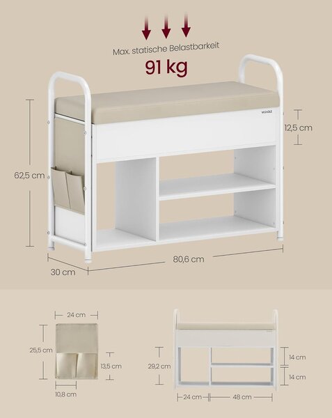 VASAGLE tárolós cipős pad ülőkével, 80 cm, felhőfehér-bézs
