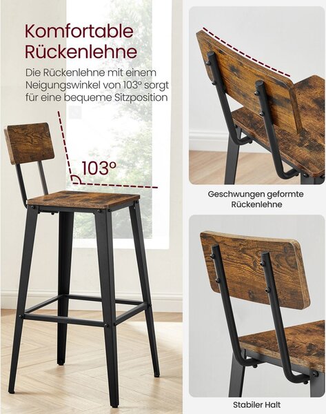 Bárszék szett 2 darabos, Vasagle, barna-fekete, 102.2x45.4x45.4 cm