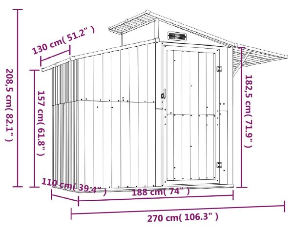 Barna horganyzott acél kerti fészer 270 x 130 x 208,5 cm