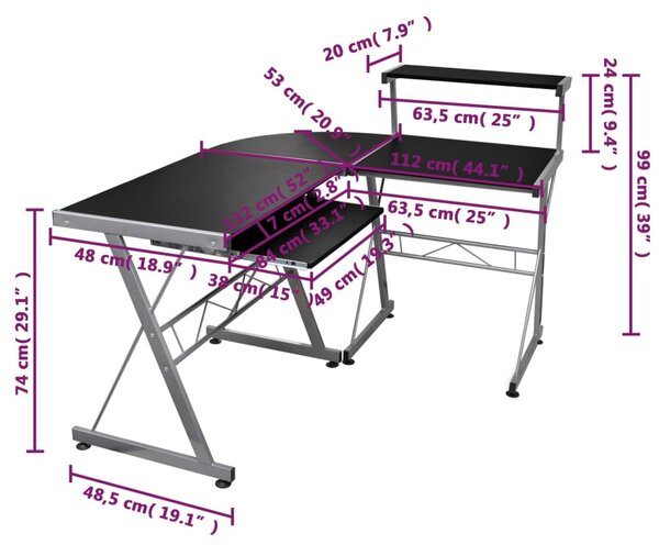 Fekete szerelt fa sarok számítógépasztal 132 x 112 x 99 cm