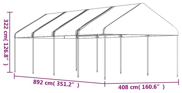 Fehér polietilén pavilon tetővel 8,92 x 4,08 x 3,22 m