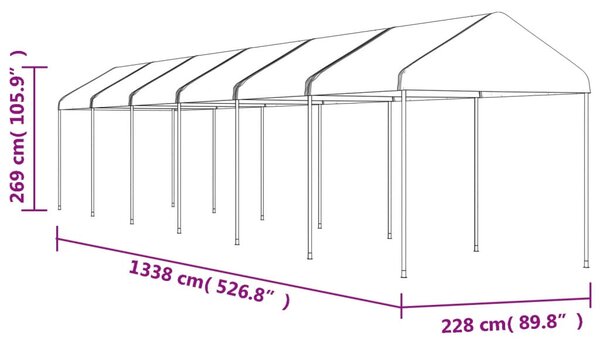Fehér polietilén pavilon tetővel 13,38 x 2,28 x 2,69 m