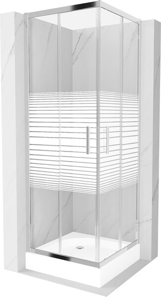 Mexen Rio, négyzet alakú zuhanykabin tolóajtóval 70 x 70 cm, 5 mm átlátszó üveg / csíkok, króm profil + fehér magas zuhanytálca Rio, 860-070-070-01-20-4510