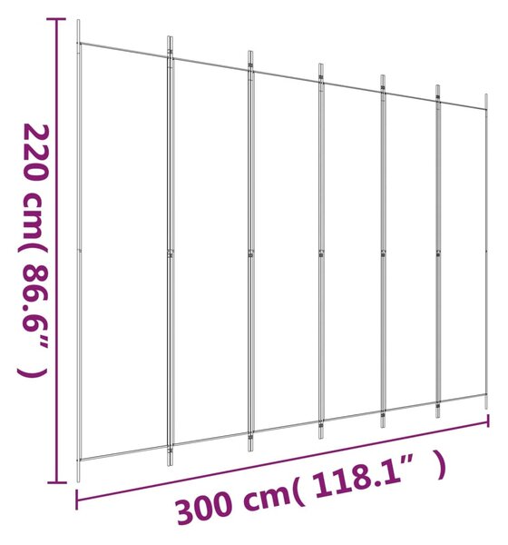 6 paneles fehér szövet térelválasztó 250 x 220 cm