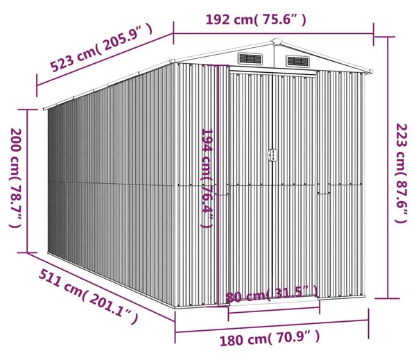 Zöld horganyzott acél kerti fészer 192x523x223 cm