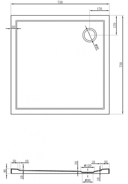 Mexen Flow slim szögletes zuhanytálca 75 x 75 cm, fényes fehér - 46S107575