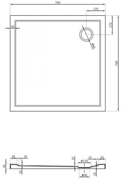 Mexen Flow slim négyzet alakú zuhanytálca 70 x 70 cm, fekete matt - 46S707070