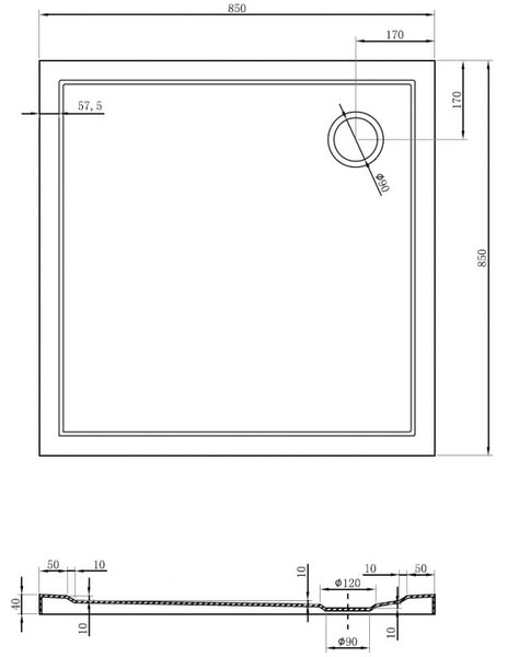 Mexen Flow négyzet alakú zuhanytálca slim 85 x 85 cm, fekete matt - 46S708585