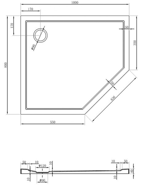 Mexen Flow lapos bal ötszögletű zuhanytálca 100 x 80 cm, fekete matt - 46P708010L