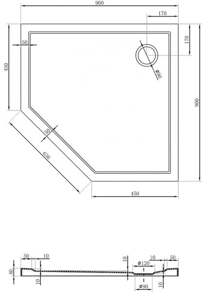 Mexen Flow ötszögletű slim zuhanytálca 90 x 90 cm, fekete matt - 46P709090