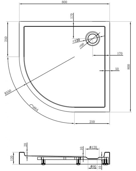 Mexen Flow+ félköríves zuhanytálca 80 x 80 cm, fehér fényes - 46Q108080H