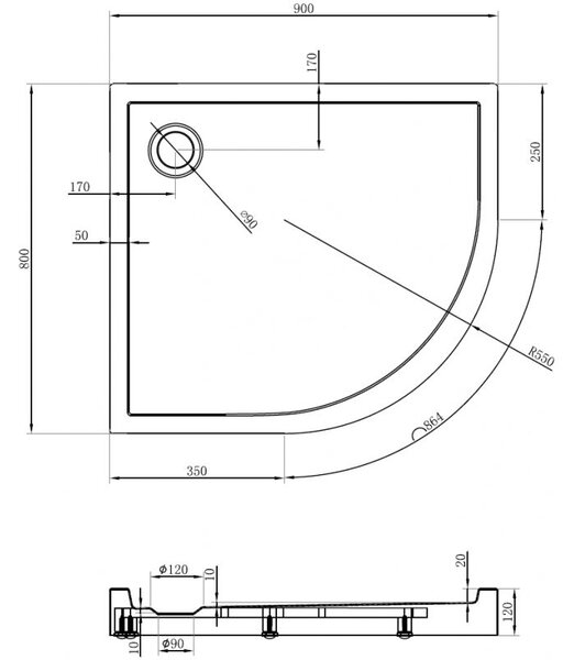 Mexen Flow+ aszimmetrikus bal félköríves zuhanytálca 90 x 80 cm, fehér fényes - 46Q108090LH