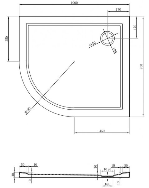 Mexen Flow félköríves aszimmetrikus slim jobb zuhanytálca 100 x 80 cm, fehér fényes - 46Q108010R