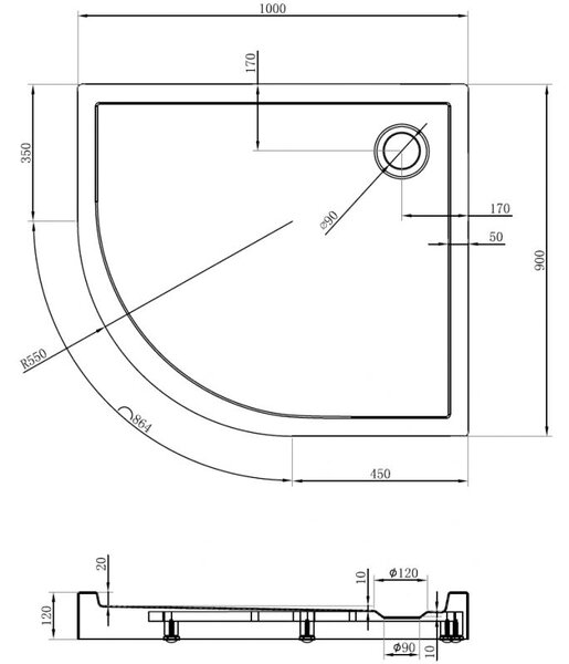 Mexen Flow+ aszimmetrikus félköríves zuhanytálca, jobb oldali 100 x 90 cm, fehér fényes - 46Q109010RH