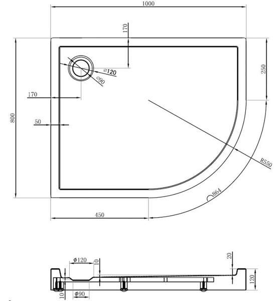Mexen Flow+ aszimmetrikus bal félköralakú zuhanytálca 100 x 80 cm, fekete matt - 46Q708010LH